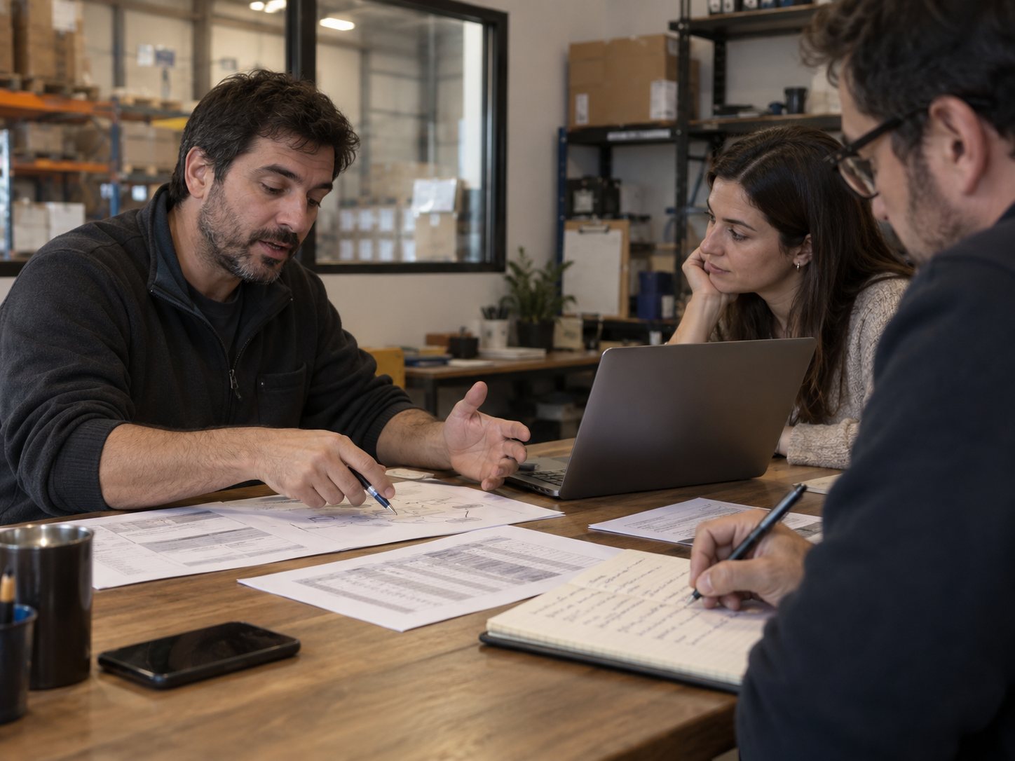 Reunión de relevamiento: una persona explica su operación sobre planillas impresas mientras otras dos escuchan y toman notas.